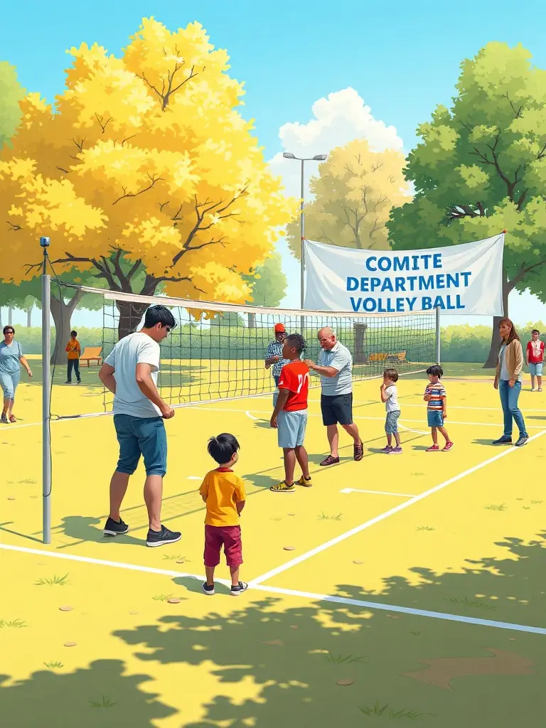 A group of volunteers setting up a volleyball court for a community event, highlighting the COMITE DEPARTEMENT CHARENTE VOLLEY BALL's commitment to making volleyball accessible to everyone.