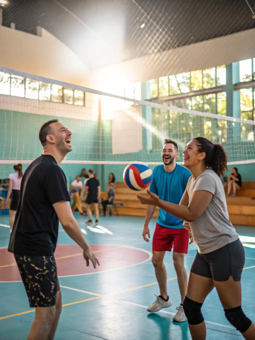 A diverse group of adults participating in a recreational volleyball game in Charente, emphasizing fun, fitness, and social interaction.
