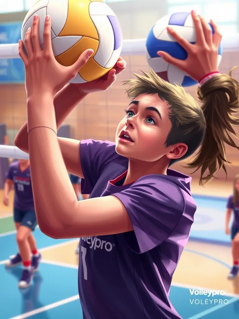 A vibrant action shot of young volleyball players participating in a training session, focusing on teamwork and skill development, set against a backdrop of a sunny outdoor volleyball court.