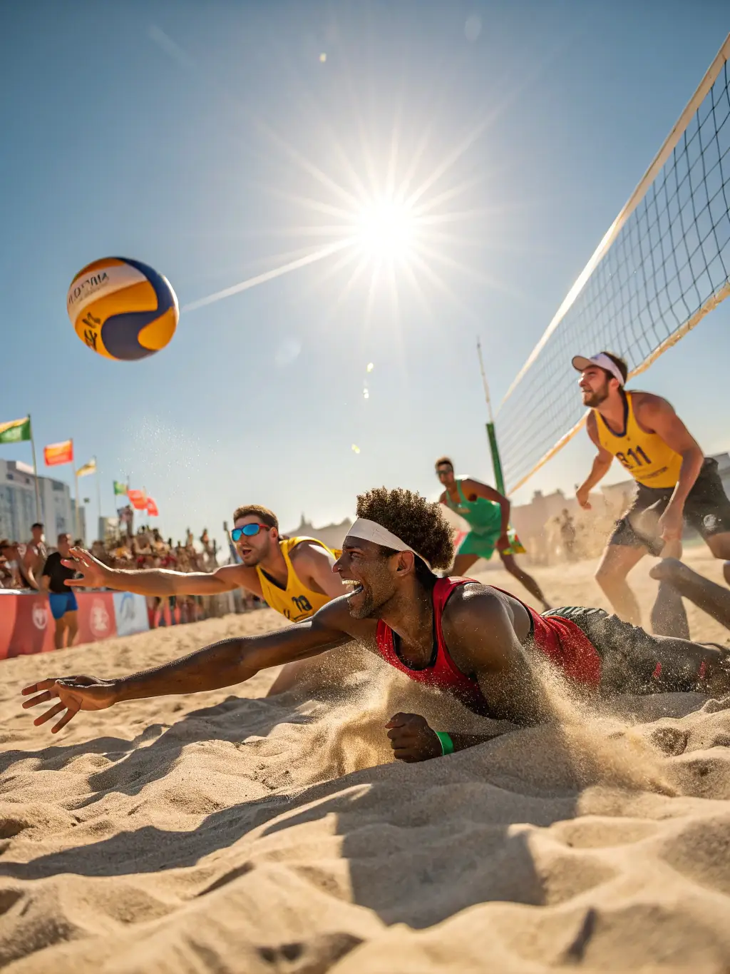 A dynamic action shot of a competitive volleyball match in Charente, showcasing players diving for the ball and demonstrating teamwork and athleticism.
