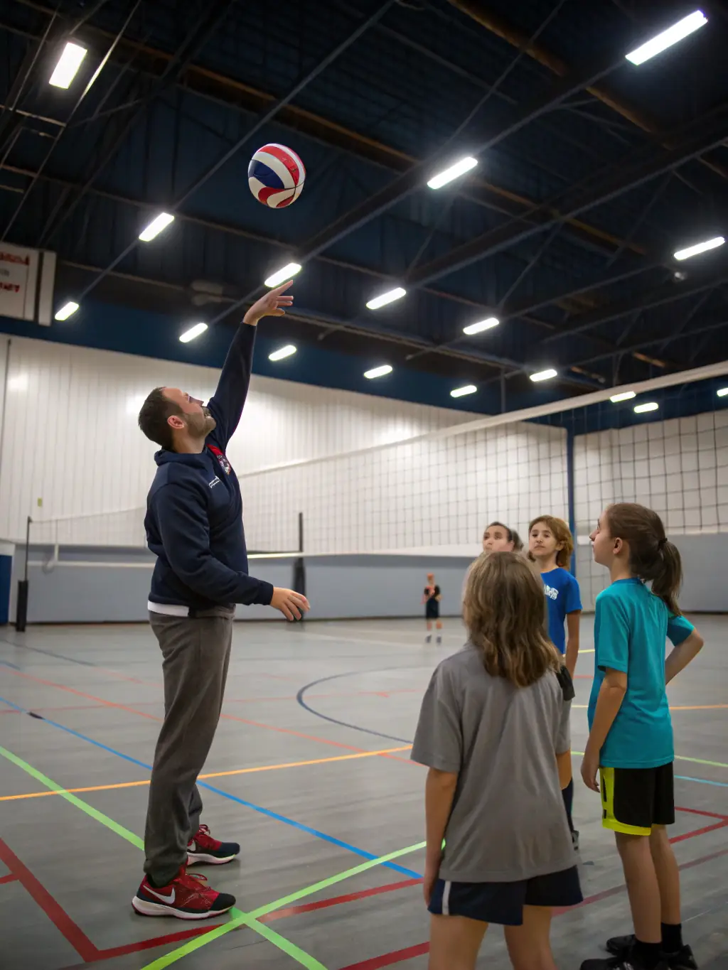 A group of young volleyball players in Charente participating in a beginner's training session, focusing on basic skills like serving and passing, with a coach providing guidance.