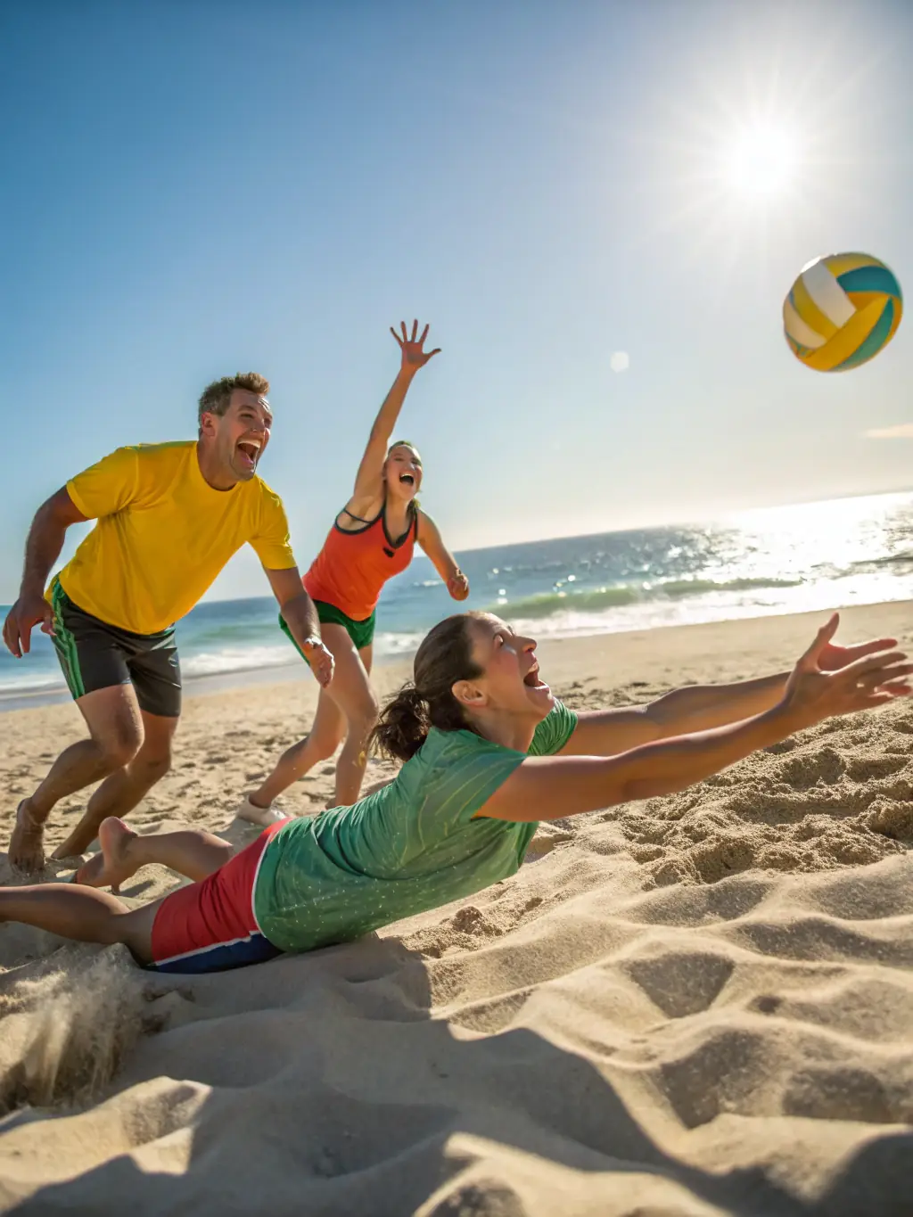 Diverse group of people playing volleyball on a sunny beach, emphasizing the accessibility and inclusivity of the sport.